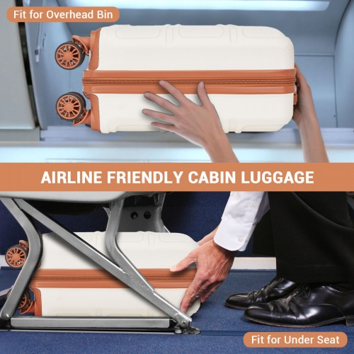 Kono 16 Inch ABS Hard Shell Under-Seat Cabin Suitcase with Spinner Wheels - Cream And Brown