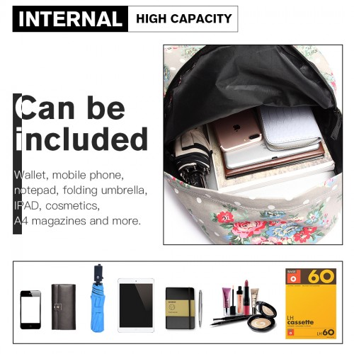 Miss Lulu Large Backpack Flower Polka Dot - Grey | Stylish & Durable