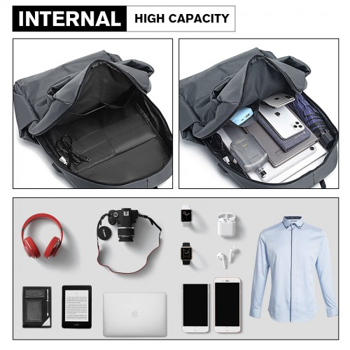 Kono Water Resistant Travel Backpack with USB Charging Port - Grey