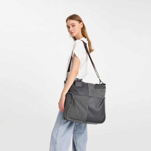 Kono Paneled Contrast Large Capacity Canvas Shoulder Bag - Grey | EH2221
