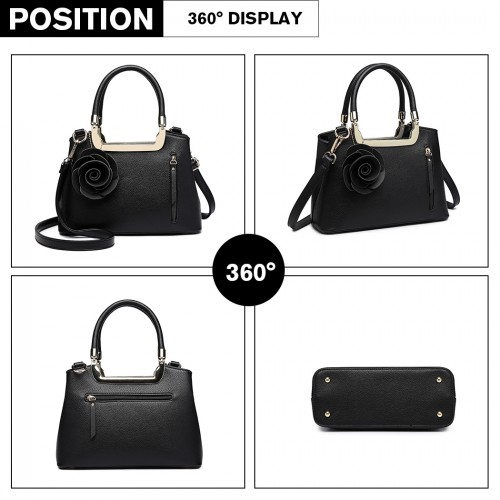 Miss Lulu PU Leather Rose Ornament Handbag - Black Elegant Women's Bag