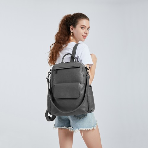 Miss Lulu Large Leather Look Backpack - Grey | Stylish & Spacious