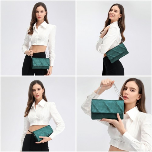 Miss Lulu Stylish Twill Clutch Leather Chain Evening Bag - Green | Elegant & Versatile