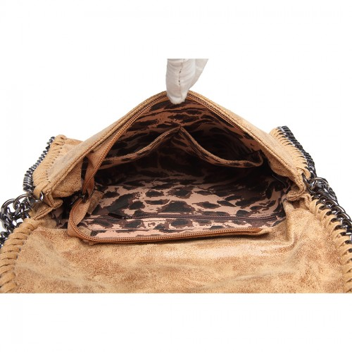 Miss Lulu Leather Look Chain Fold-over Shoulder Bag - Stylish Apricot PU Leather Handbag