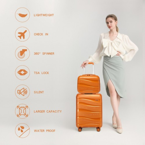 K2094L - Kono Lightweight Polypropylene Hard Shell 4 Piece Suitcase Set With TSA Lock And Vanity Case - Orange