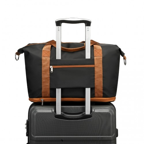 Expandable 36L Water-Resistant Travel Tote Set with Cosmetic Pouch - Versatile Black & Brown Carry-On Duffel Bag