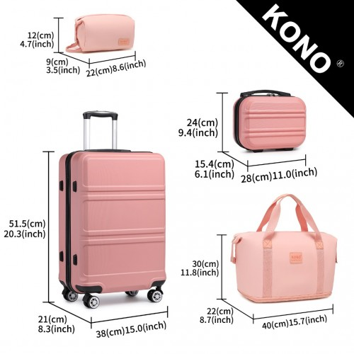 K1871-1L+EA2212 - Kono ABS 4 Wheel Suitcase Set With Vanity Case And Weekend Bag And Toiletry Bag - Pink