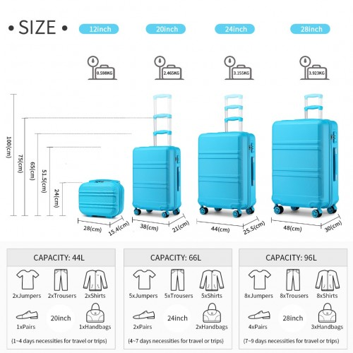 K1871-1L+E2019 - Kono ABS Suitcase Set With 4 Wheel Design Including Vanity Case And Travel Luggage Organiser Bag Set - Blue