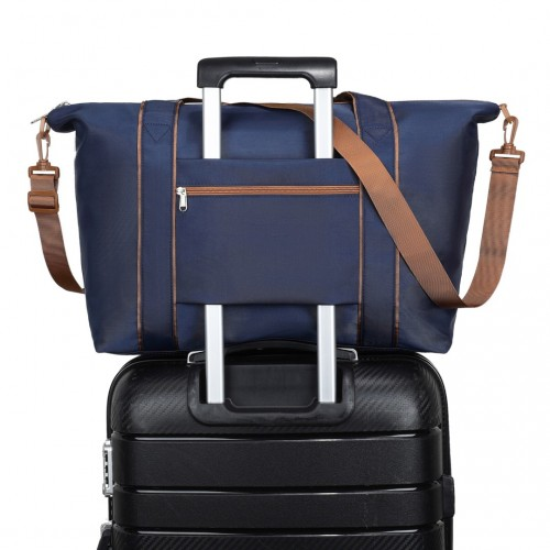 Kono Lightweight Waterproof Weekender Tote Bag - Foldable Cabin Flight Duffel - Navy and Brown