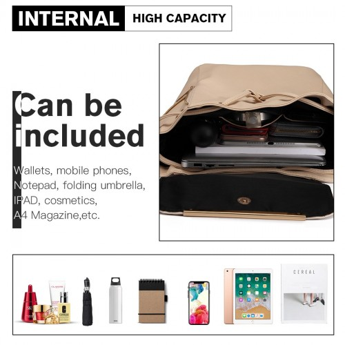 Miss Lulu Stylish Faux Leather Backpack with Magnetic Snap Closure - Fashionable Beige PU Leather Daypack for Travel