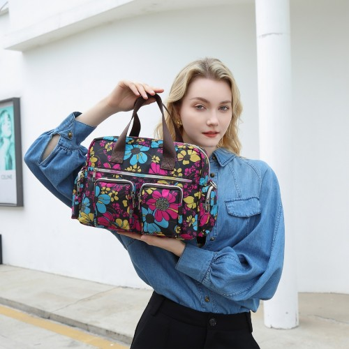 Kono Versatile Multi-Pocket Travel Bag with Adjustable Detachable Strap and Flower Print - Black