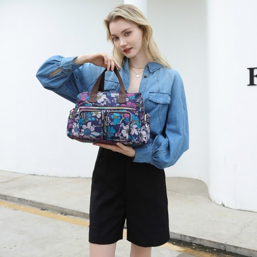 Kono Versatile Multi-Pocket Travel Bag with Adjustable Detachable Strap and Floral Print - Navy | Stylish, Practical Crossbody Tote for Daily Use