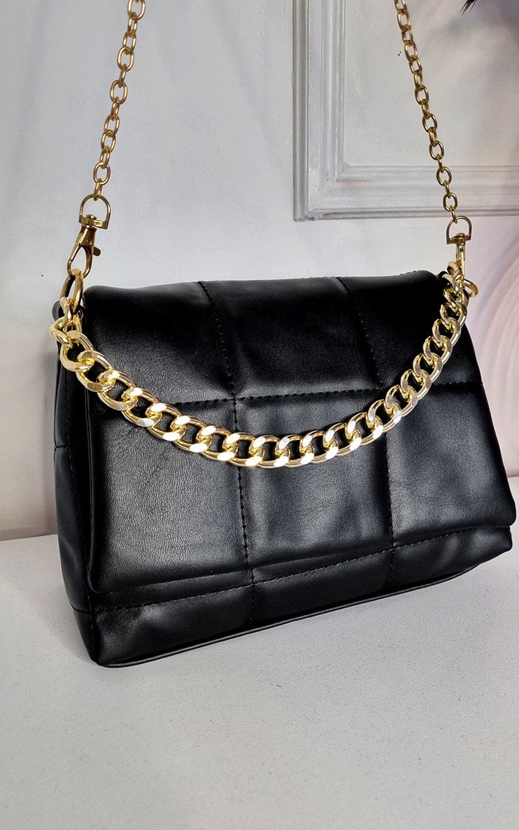 Stylish Faux Leather Padded Handbag with Gold Chain Detail - Perfect for a Night Out