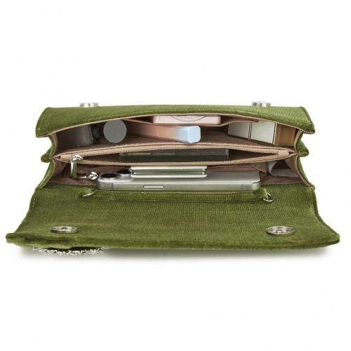 Miss Lulu Elegant Velvet Evening Clutch with Crystal Ring & Detachable Chain Strap - Versatile Shoulder or Handheld Bag - Green