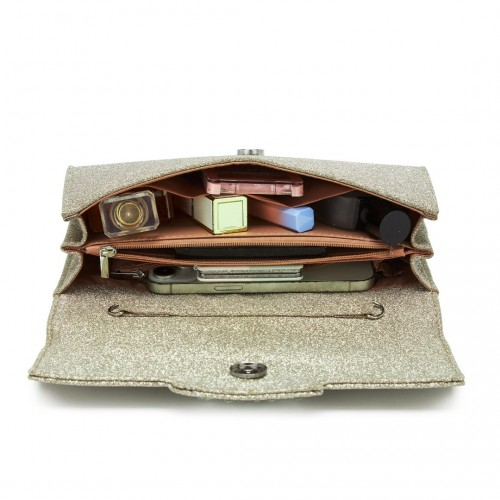 Elegant Gold Glitter Evening Clutch with Crystal Embellishment & Detachable Chain Strap | Miss Lulu Crossbody Handbag