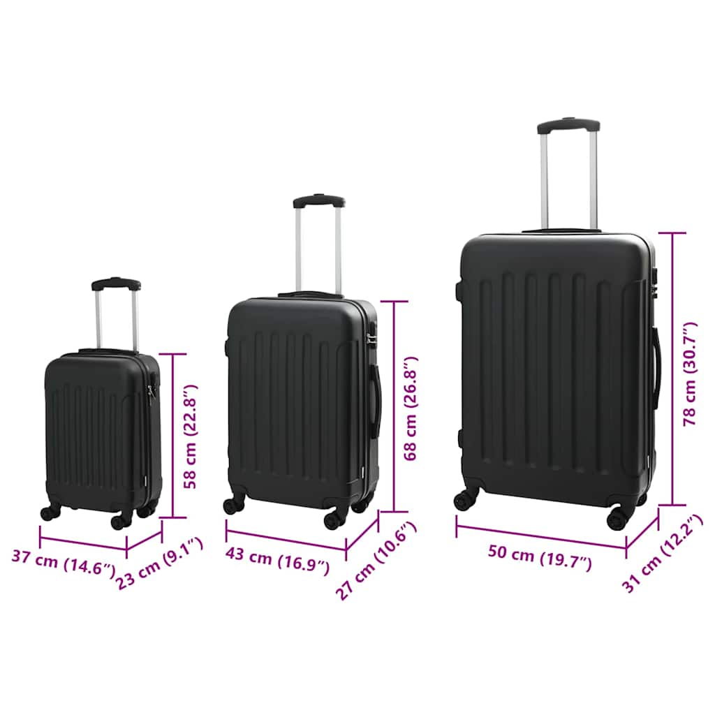 vidaXL Suitcase with Lock 3 pcs Black 50 x 31 x 78 cm ABS Plastic