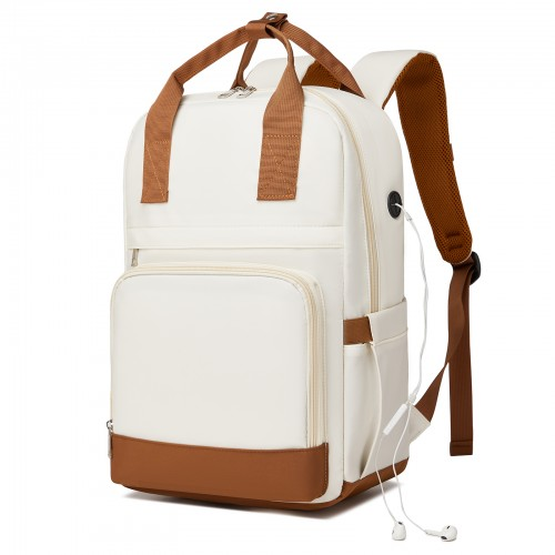 Kono Casual Contemporary Backpack with Laptop Sleeve & Padded Straps for Daily Commute - Cream and Brown
