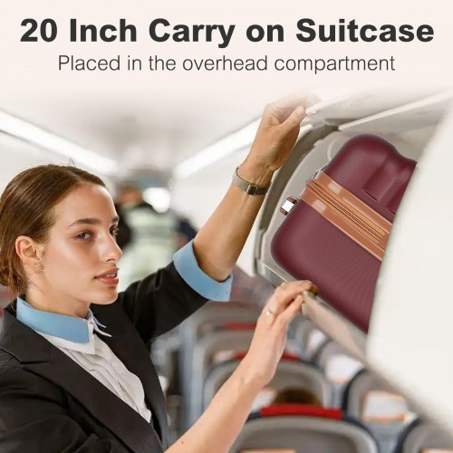Kono 20 Inch Stylish Lightweight Hard Shell Cabin Carry-On Suitcase with TSA Lock - Burgundy & Brown