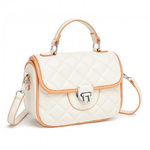 Miss Lulu Practical Quilted PU Leather Crossbody Handbag with Secure Lock and Everyday Storage - Beige