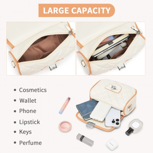 Miss Lulu Practical Quilted PU Leather Crossbody Handbag with Secure Lock and Everyday Storage - Beige