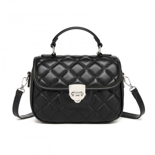 Miss Lulu Quilted PU Leather Crossbody Handbag with Secure Lock & Storage - Black