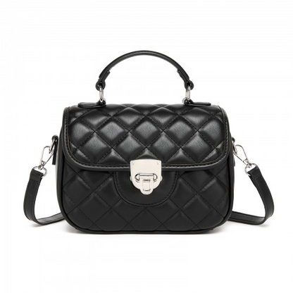 Miss Lulu Quilted PU Leather Crossbody Handbag with Secure Lock & Storage - Black