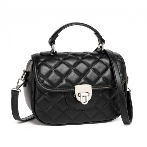 Miss Lulu Quilted PU Leather Crossbody Handbag with Secure Lock & Storage - Black