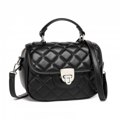 Miss Lulu Quilted PU Leather Crossbody Handbag with Secure Lock & Storage - Black