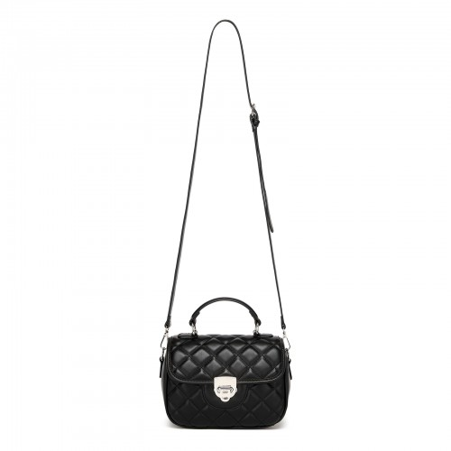 Miss Lulu Quilted PU Leather Crossbody Handbag with Secure Lock & Storage - Black