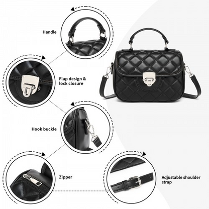 Miss Lulu Quilted PU Leather Crossbody Handbag with Secure Lock & Storage - Black
