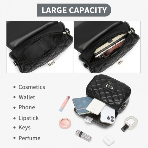 Miss Lulu Quilted PU Leather Crossbody Handbag with Secure Lock & Storage - Black