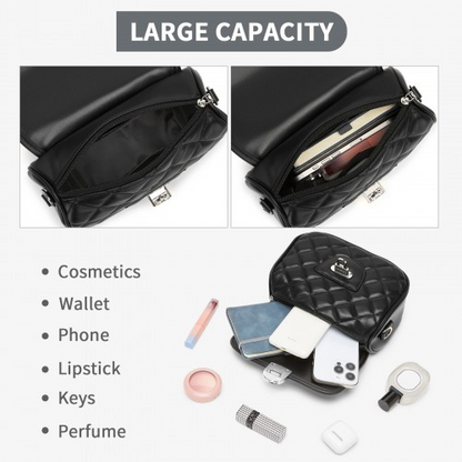 Miss Lulu Quilted PU Leather Crossbody Handbag with Secure Lock & Storage - Black