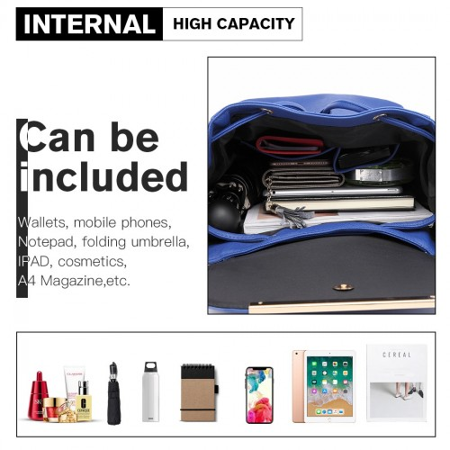 Miss Lulu Stylish Faux Leather Backpack - Secure Daypack with Magnetic Snap Closure - Fashionable Navy PU Leather Travel Bag