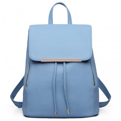 Miss Lulu Stylish Faux Leather Backpack - Secure Daypack with Magnetic Snap Closure - Light Blue Fashionable PU Leather Travel Bag