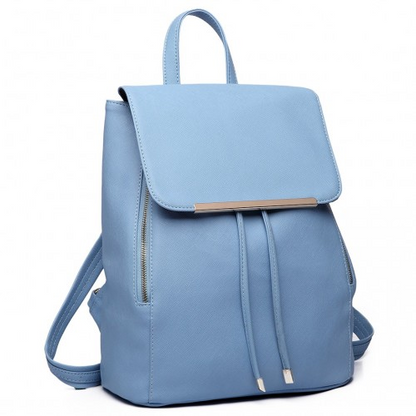 Miss Lulu Stylish Faux Leather Backpack - Secure Daypack with Magnetic Snap Closure - Light Blue Fashionable PU Leather Travel Bag