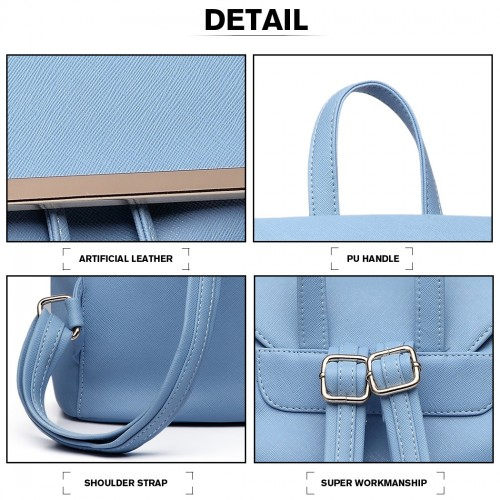 Miss Lulu Stylish Faux Leather Backpack - Secure Daypack with Magnetic Snap Closure - Light Blue Fashionable PU Leather Travel Bag