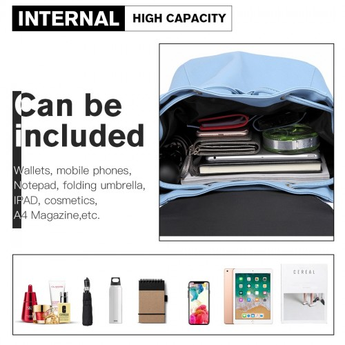 Miss Lulu Stylish Faux Leather Backpack - Secure Daypack with Magnetic Snap Closure - Light Blue Fashionable PU Leather Travel Bag