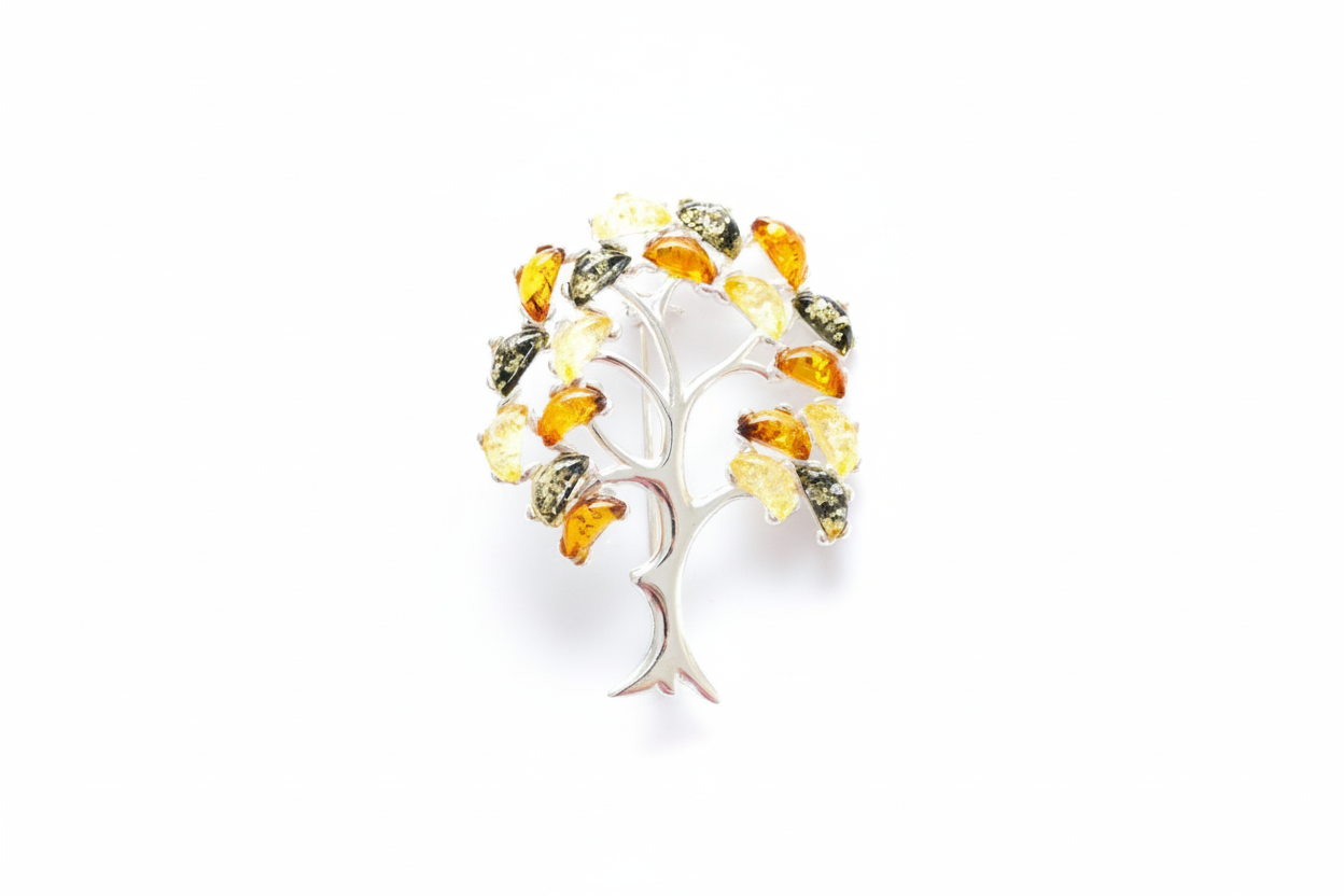 Colourful Large Amber Tree Brooch - Handcrafted Sterling Silver with Baltic Amber Stones