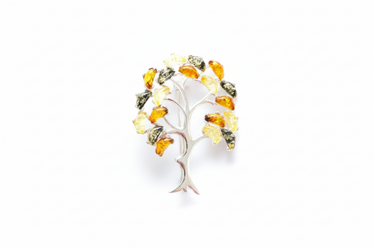 Colourful Large Amber Tree Brooch - Handcrafted Sterling Silver with Baltic Amber Stones