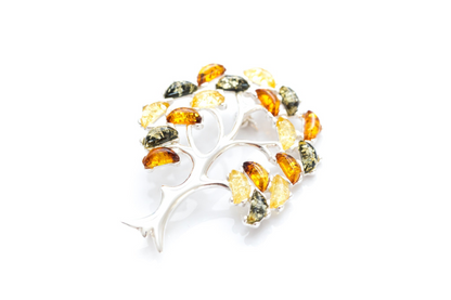 Colourful Large Amber Tree Brooch - Handcrafted Sterling Silver with Baltic Amber Stones