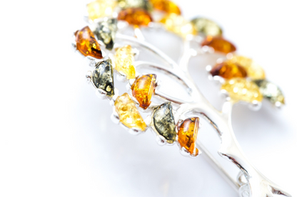 Colourful Large Amber Tree Brooch - Handcrafted Sterling Silver with Baltic Amber Stones