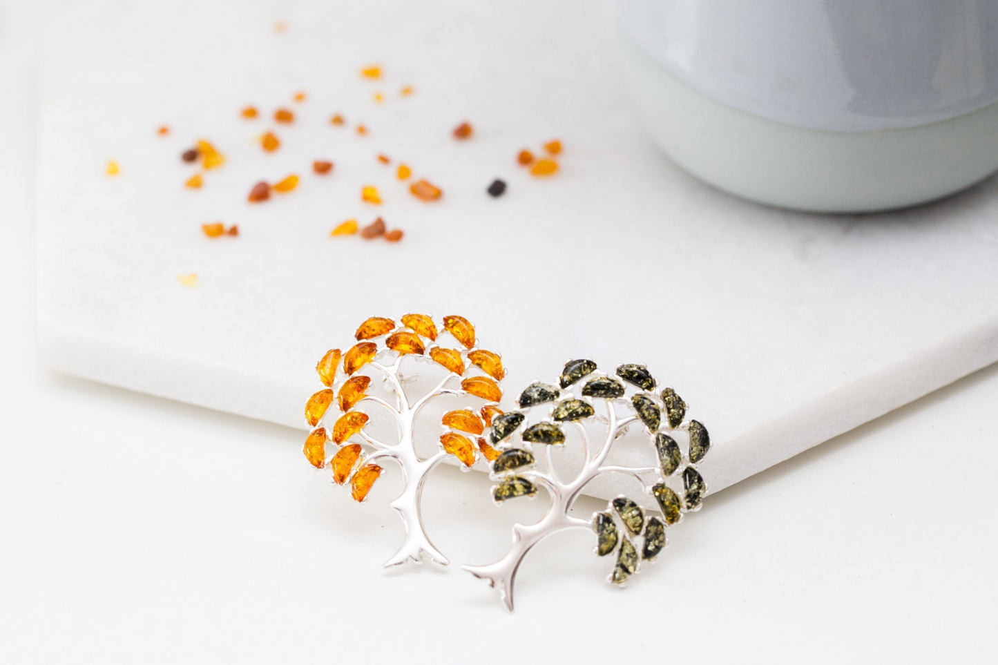 Colourful Large Amber Tree Brooch - Handcrafted Sterling Silver with Baltic Amber Stones