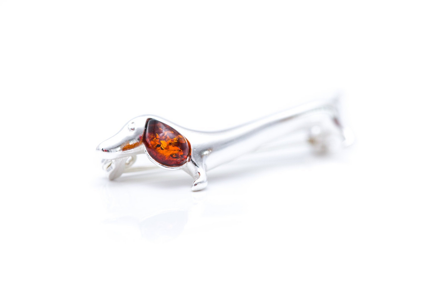Dachshund Amber Dog Brooch - Quirky Sterling Silver Sausage Dog with Baltic Amber Ear
