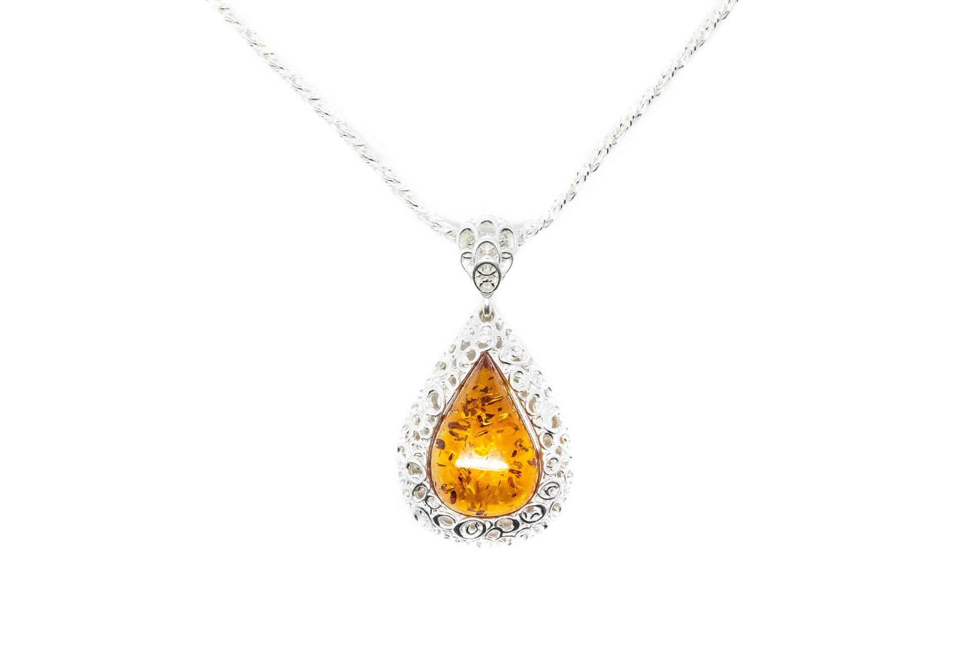 Filigree Frame Amber Teardrop Pendant