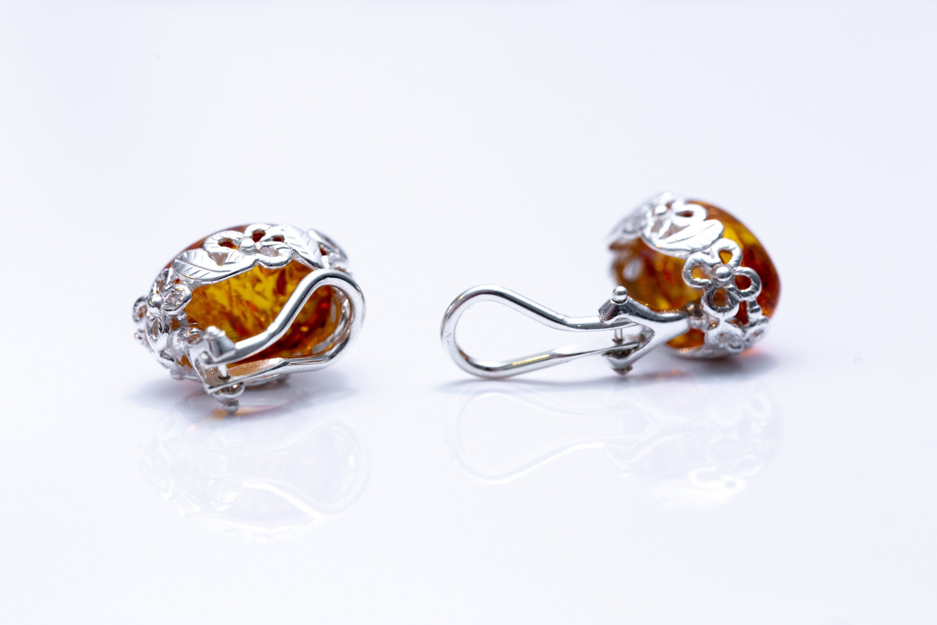 Floral Frame Oval Amber Clip On Earrings