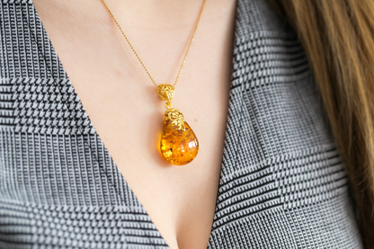 Gold Floral Accent Amber Droplet Pendant