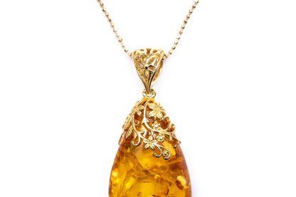Gold Floral Accent Amber Droplet Pendant