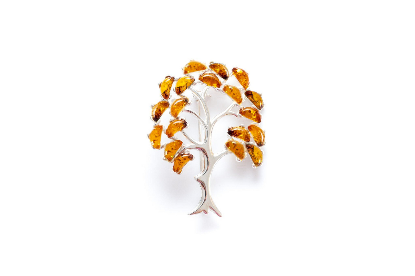 Large Amber Tree Brooch - Sterling Silver Body with Baltic Amber Leaves