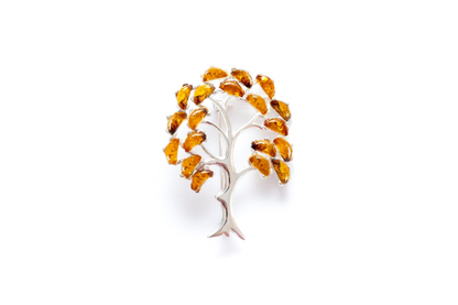 Large Amber Tree Brooch - Sterling Silver Body with Baltic Amber Leaves