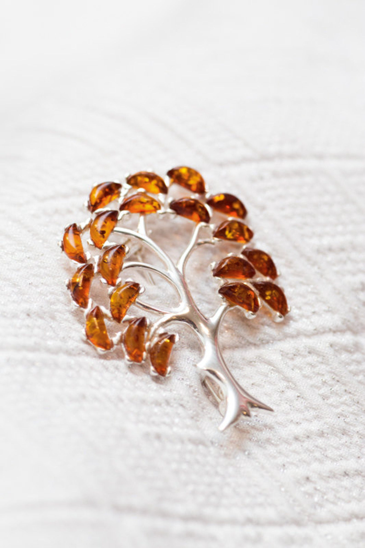 Large Amber Tree Brooch - Sterling Silver Body with Baltic Amber Leaves